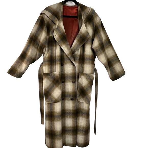 Vintage EATON Rontex International  Plaid Wool Blend Wrap Coat Hood  Belt  Size - Picture 1 of 16